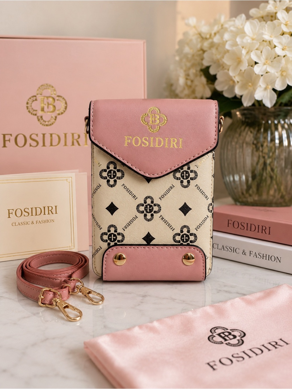 💗 FOSIDIRI Pink & Cream Monogram Small Crossbody Phone Bag